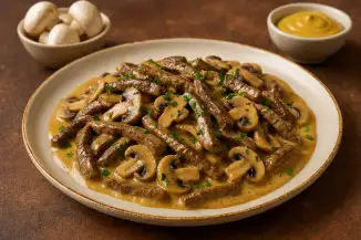 Превью рецепта Говяжья печень по-строгановски - рецепт с грибами и горчицей