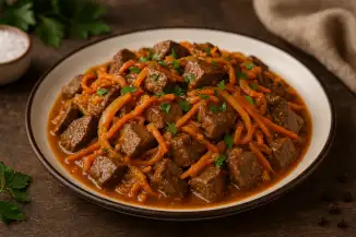 Превью рецепта Свиная печень с луком и морковью - рецепт как у бабушки