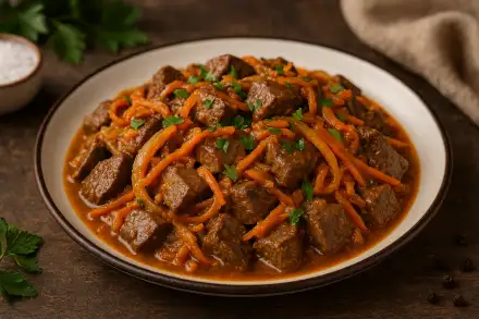 Фото Свиная печень с луком и морковью - рецепт как у бабушки