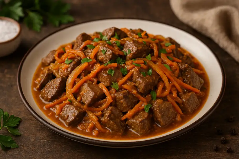 Фото готового рецепта Свиная печень с луком и морковью - рецепт как у бабушки