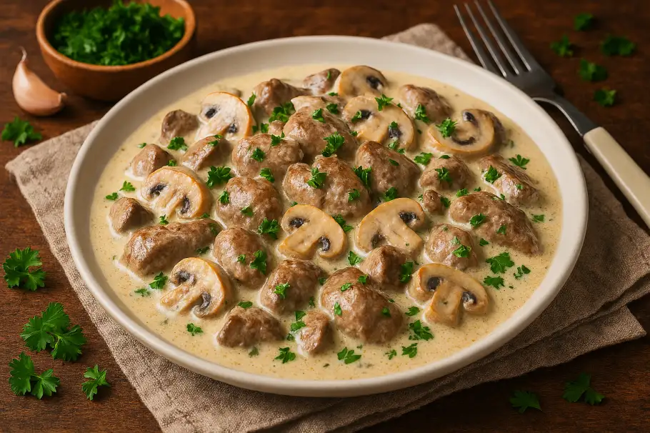 Фото готового рецепта Куриная печень в сливочном соусе с грибами - быстро и вкусно