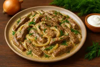 Превью рецепта Говяжья печень с луком и сметаной - нежная и сочная