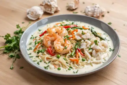 Фото Лапша с морепродуктами и овощами в сливочном соусе