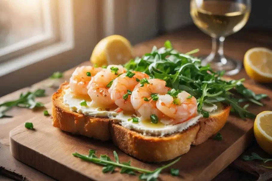 Фото готового рецепта Тосты с креветками и сливочным сыром