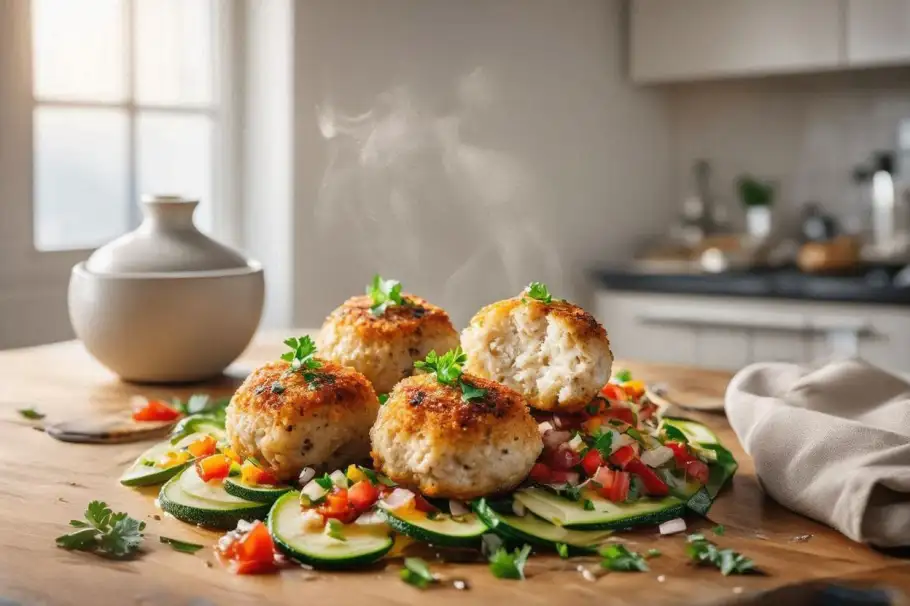 Фото готового рецепта Рыбные тефтели на овощной подушке из кабачков и мексиканской смеси