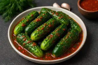 Превью рецепта Пикантные малосольные огурцы в соусе сацебели