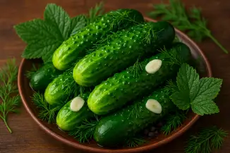 Превью рецепта Малосольные огурцы с чесноком, укропом и листьями смородины