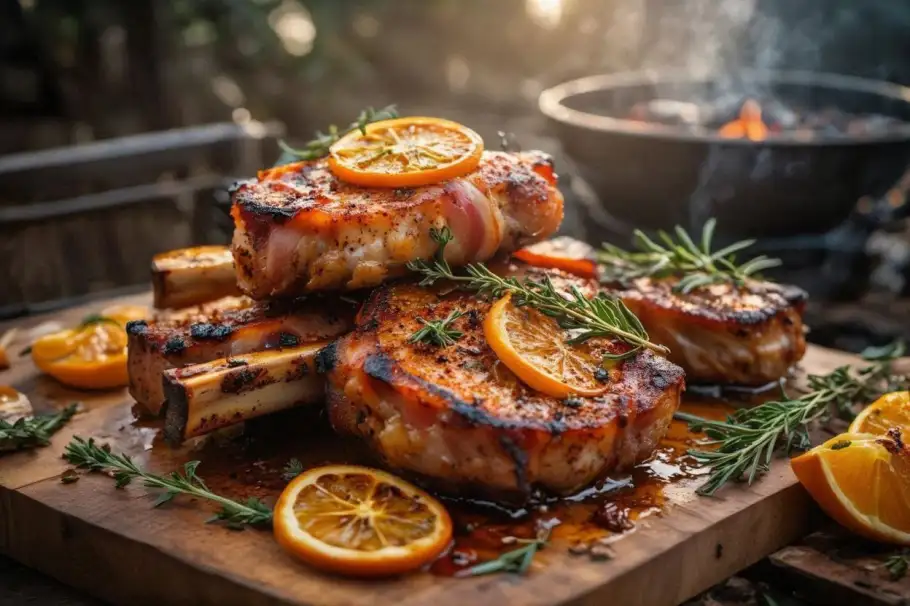 Фото готового рецепта Ароматная свинина с апельсинами и зеленью на мангале