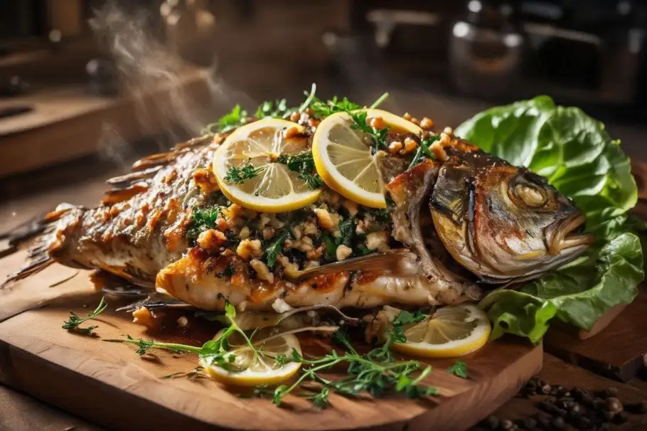 Фото готового рецепта Запечённая рыба с ореховой зеленью