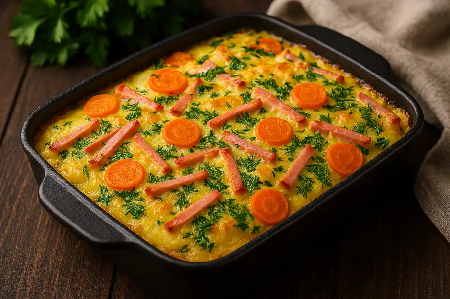 Фото готового рецепта Запеканка из картофеля с колбасой и зеленью