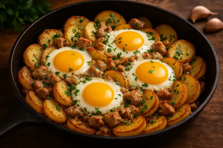 Фото готового рецепта Картофель с мясом под яйцом на сковороде