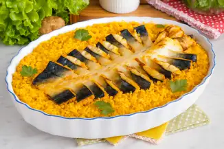 Превью рецепта Скумбрия, запечённая с булгуром и овощами