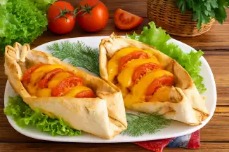 Превью рецепта Лодочки из лаваша с курицей, сыром и помидорами