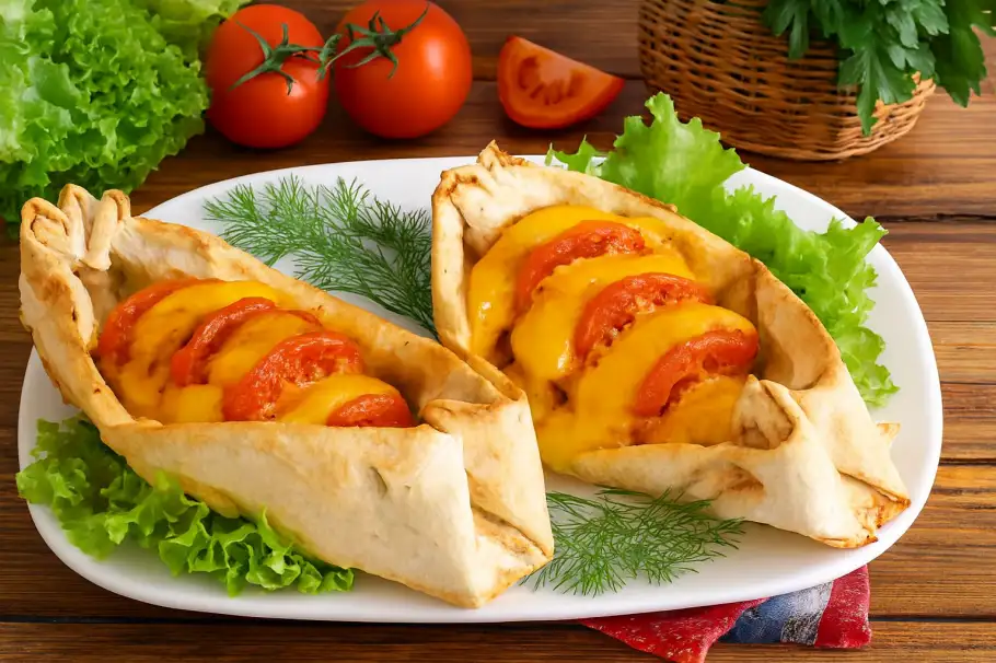 Фото готового рецепта Лодочки из лаваша с курицей, сыром и помидорами