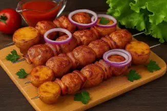 Превью рецепта Сочный шашлык из курицы с картошкой и ароматным салом