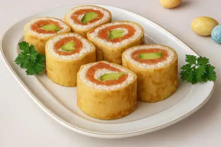 Фото Блинные роллы с рыбой, рисом и огурцом