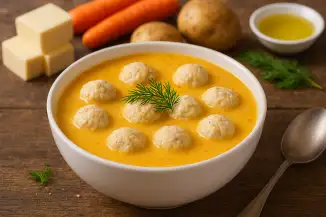 Превью рецепта Суп-пюре с куриными фрикадельками и плавленым сыром