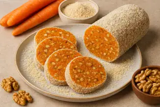 Превью рецепта Морковная колбаска – нежный десерт с хрустящей начинкой