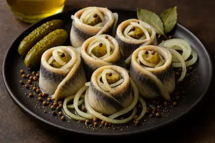 Фото Маринованная селёдка с огурцами и пряностями