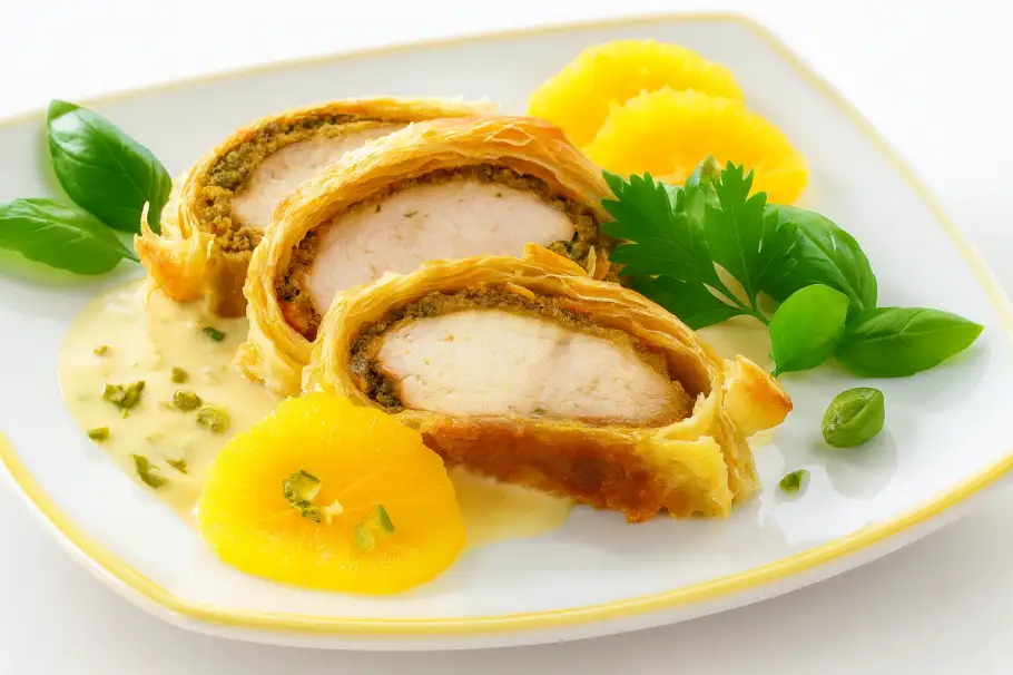 Фото готового рецепта Мясо в слоёном тесте с лимонно-медовой зеленью