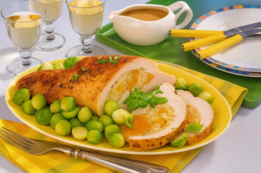 Фото готового рецепта Мясо, фаршированное яблочками и курагой