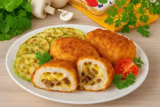 Превью рецепта Сочные куриные котлеты с грибно-сырной начинкой в картофельной панировке
