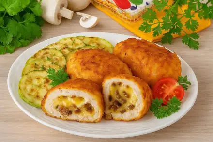 Фото Сочные куриные котлеты с грибно-сырной начинкой в картофельной панировке