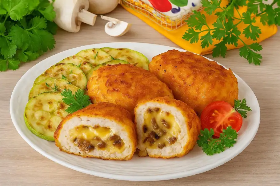 Фото готового рецепта Сочные куриные котлеты с грибно-сырной начинкой в картофельной панировке