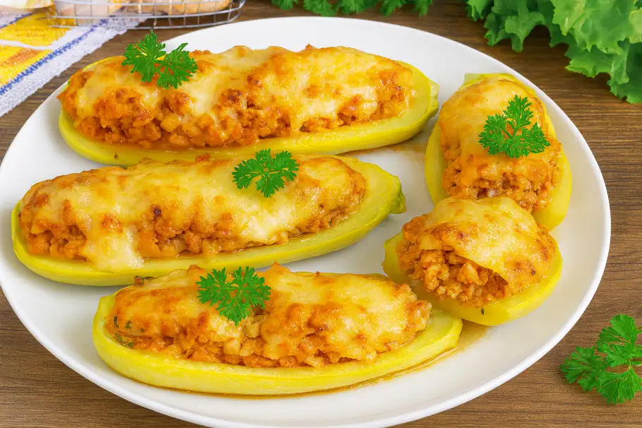 Фото готового рецепта Фаршированные кабачки с мясом и сырной корочкой