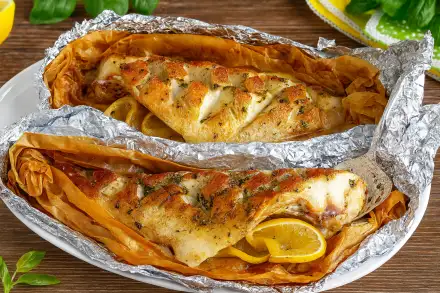 Фото Запечённый окунь с лимоном и ароматными травами