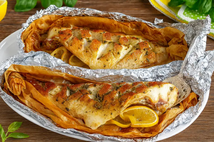 Фото готового рецепта Запечённый окунь с лимоном и ароматными травами