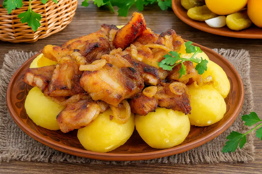 Фото готового рецепта Сочная жареная грудинка с луком