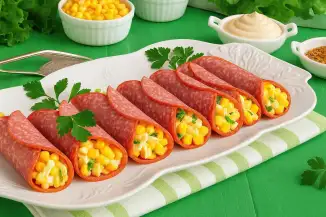 Превью рецепта Рулетики из колбасы с кукурузной начинкой