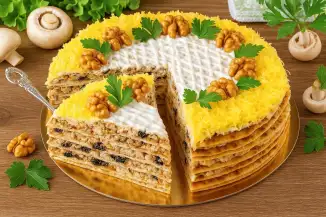 Превью рецепта Закусочный торт из лаваша с курицей, черносливом, грибами