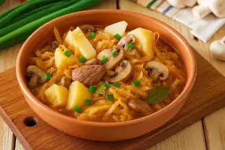 Превью рецепта Тушенная капуста с мясом и грибами