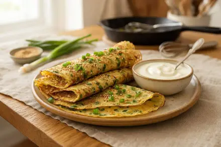 Фото Блины с зелёным луком и кунжутом