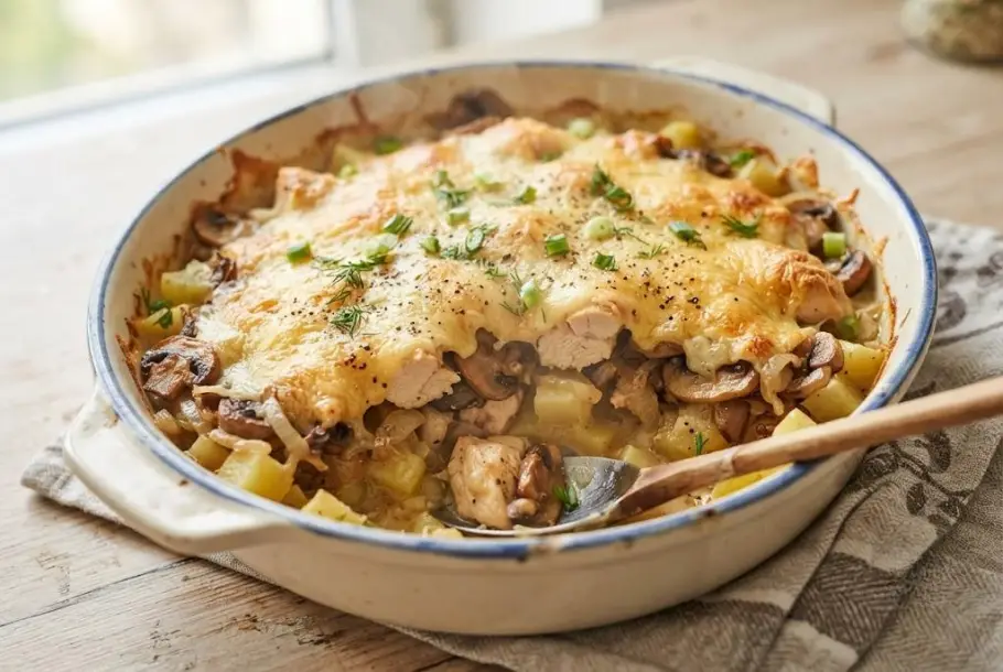 Фото готового рецепта Запеканка с шампиньонами и курицей