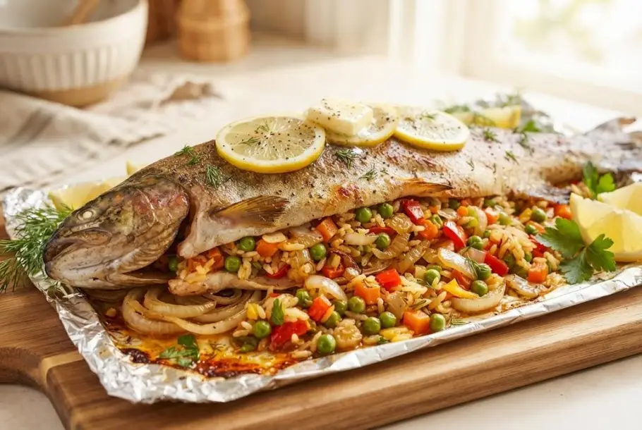 Фото готового рецепта Форель фаршированная рисом и овощами