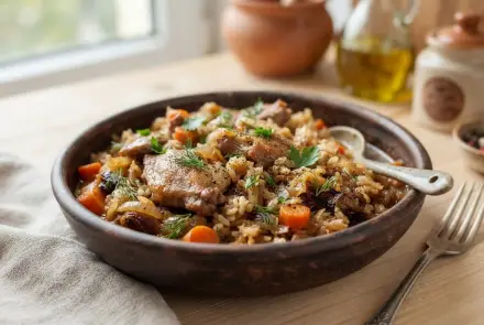 Фото Утка тушённая с капустой и рисом