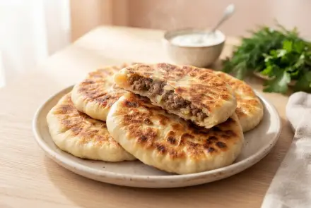 Фото Лепёшки с мясом на сковороде