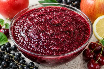 Фото Джем из черной смородины с вишней и яблоками