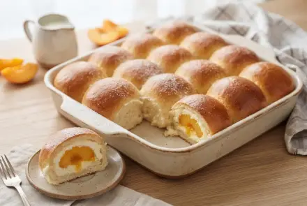 Фото Булочки с творогом и персиками в молоке