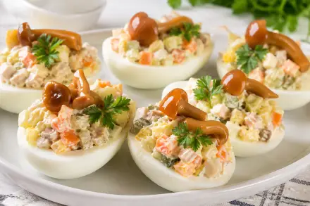 Фото Фаршированные яйца с мясом, опятами и огурцами