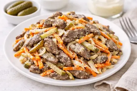 Фото Салат из куриной печени с маринованной морковью и солеными огурцами