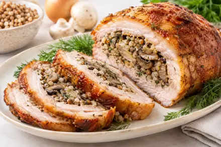 Фото Фаршированная грудинка с грибами и гречкой