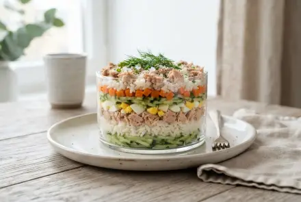 Фото Слоёный салат с тунцом, рисом и яйцом