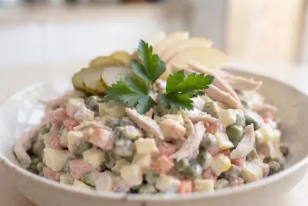 Фото Салат Оливье с курицей и маринованными огурцами