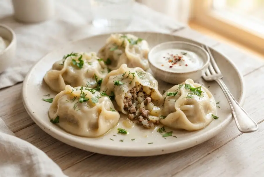 Фото готового рецепта Манты с мясом и картошкой по-узбекски