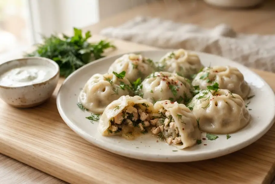 Фото готового рецепта Манты в пароварке с курицей и зеленью