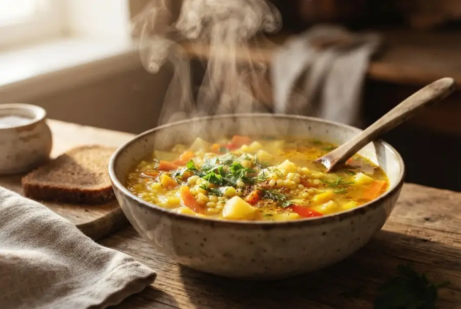 Фото готового рецепта Рисовый суп с картошкой и овощами